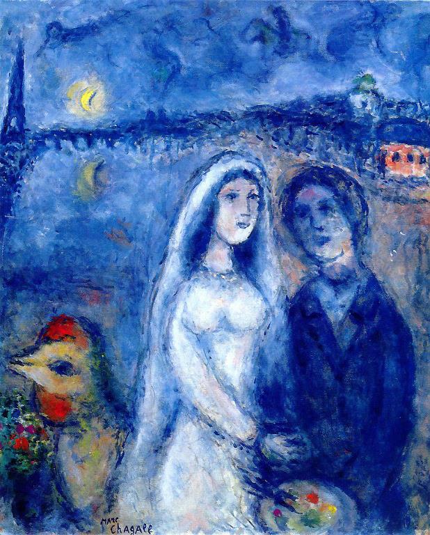 Jeunes mariés avec une serviette Eiffel en arrière plan contemporain Marc Chagall Peintures à l'huile